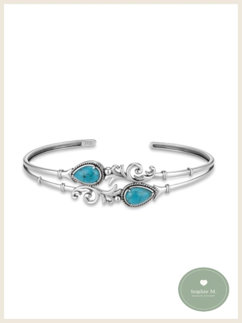 Natural Turquoise Open Cuff Bracelet S925 Sterling Silver Adjustable Bangle